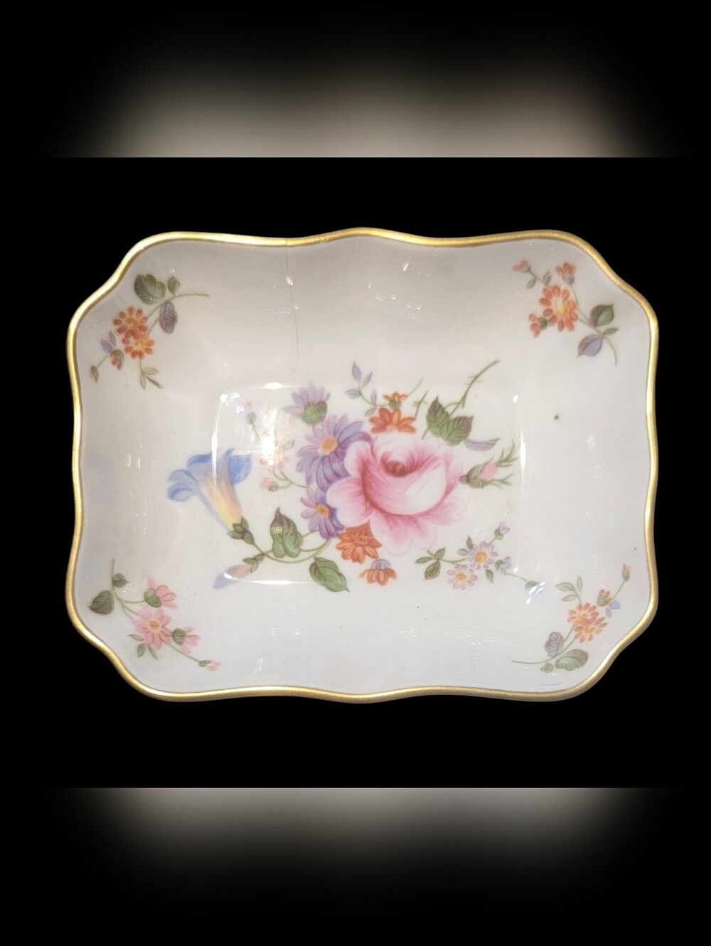 Royal Crown Derby Floral Bone China Trinket Dish, Vanity Tray with Gold Rim